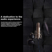 Load image into Gallery viewer, a microphone and headphones in front of a black background with text: &#39;A dedication to the audio experience. Acoustic foam is used to remove reverberation and sound reflections and provide sound insulation suitable for industrial and domestic applications. Effective sound deadener for standing waves and flutter echoes.&#39;
