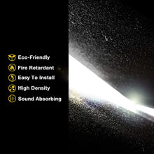 Load image into Gallery viewer, a white light on a black background with text: &#39;Eco-Friendly Fire Retardant Easy To Install High Density Sound Absorbing&#39;
