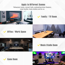Load image into Gallery viewer, a collage of a room with text: &#39;Apply to Different Scenes Rehearsal rooms, concert halls, podcasting,home theaters, vocal booths, home studios and so on. Family / TV Room V Office / Work Space Music Studio Room V Game Room AOX&#39;
