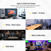Load image into Gallery viewer, a collage of images of a room with text: &#39;Apply to Different Scenes Rehearsal rooms, concert halls, podcasting, home theaters, vocal booths, home studios and so on. Family / TV Room V Office / Work Space Music Studio Room V Game Room&#39;
