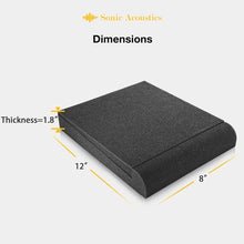 Load image into Gallery viewer, a black square object with measurements with text: 'Sonic Acoustics Dimensions Thickness=1.8"'