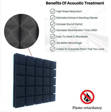 Load image into Gallery viewer, a close-up of a soundproof panel with text: &#39;Benefits Of Acoustic Treatment High Noise Reduction! Eliminate Echoes &amp; Standing Waves! Increase Sound Clarity! Decrease Reverberation Time (rt60)! Easy To Install &amp; Affordable! Get Better Recordings! Create An Enjoyable Room That You Love! Flame retardancy&#39;
