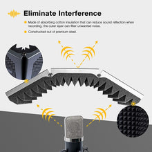 Load image into Gallery viewer, a microphone with foamy foams with text: &#39;Eliminate Interference Made of absorbing cotton insulation that can reduce sound reflection when recording, the outer layer can filter unwanted noise. Constructed out of premium steel. - ---&#39;
