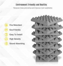 Load image into Gallery viewer, a stack of grey foams with text: 'Environment Friendly and Healthy Reduces noise and echos and improve room aesthetics Fire Retardant Eco-Friendly Easy To Install High Density Sound Absorbing'

