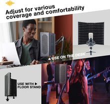 Load image into Gallery viewer, a collage of images of people playing instruments with text: 'Adjust for various coverage and comfortability USE ON THE DESK USE WITH FLOOR STAND'
