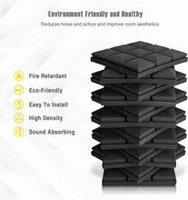 Load image into Gallery viewer, a stack of black tiles with text: 'Environment Friendly and Healthy Reduces noise and echos and improve room aesthetics Fire Retardant Eco-Friendly Easy To Install High Density Sound Absorbing'
