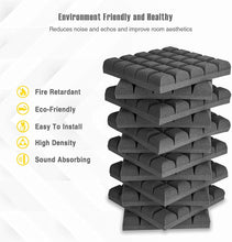 Load image into Gallery viewer, a stack of black bricks with text: &#39;Environment Friendly and Healthy Reduces noise and echos and improve room aesthetics Fire Retardant Eco-Friendly Easy To Install High Density Sound Absorbing&#39;
