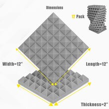 Load image into Gallery viewer, a pyramid shaped sound proofing panel with text: 'Dimensions 12 Pack Width=12" Length=12" Thickness=2"'
