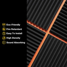 Load image into Gallery viewer, a close up of a black panel with text: &#39;Eco-Friendly Fire Retardant Easy To Install High Density Sound Absorbing&#39;
