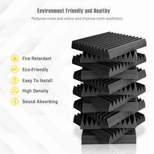 Load image into Gallery viewer, a stack of foamy black foam with text: &#39;Environment Friendly and Healthy Reduces noise and echos and improve room aesthetics Fire Retardant Eco-Friendly Easy To Install High Density Sound Absorbing&#39;
