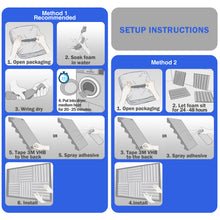 Load image into Gallery viewer, instructions for a step-by-step installation with text: 'Method 1 Recommended SETUP INSTRUCTIONS 1. Open packaging 2. Soak foam in water Method 2 25 4. Put into dryer, 3. Wring dry medium heat for 20 - 25 minutes. 1. Open packaging 2. Let foam sit for 24-48 hours OR OR 5. Tape 3M VHB 3. Tape 3M VHB to the back 5. Spray adhesive to the back 3. Spray adhesive 6. Install 4.Install'
