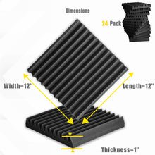 Load image into Gallery viewer, a stack of black foam panels with text: 'Dimensions 24 Pack Width=12' Length=12' Thickness=1"'
