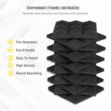 Load image into Gallery viewer, a stack of black sound proof foam with text: &#39;Environment Friendly and Healthy Reduces noise and echos and improve room aesthetics Fire Retardant Eco-Friendly Easy To Install High Density Sound Absorbing&#39;

